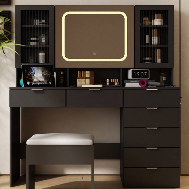 Ktaxon Large 47.24" Makeup Vanity Table Set with Hidden Storage, 7-Drawer Dressing Table, Bedroom Makeup Table, Black