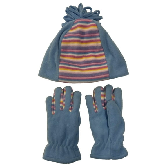 Girls Light Blue Fleece Striped Beanie Stocking Cap Hat & Stretch Fit Gloves Set