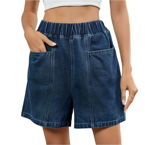 LWavelet Women's Elastic Waist Denim Shorts Relaxed Fit Casual Summer Shorts for Daily Wear Outings Dark Blue L