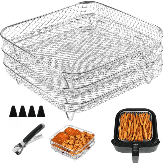 3-Pack 8" Square Air Fryer Rack, Stackable Stainless Steel Dehydrator Rack with Silicone Feet & Heat Resistant Gripper for 6-7.5QT Air Fryers