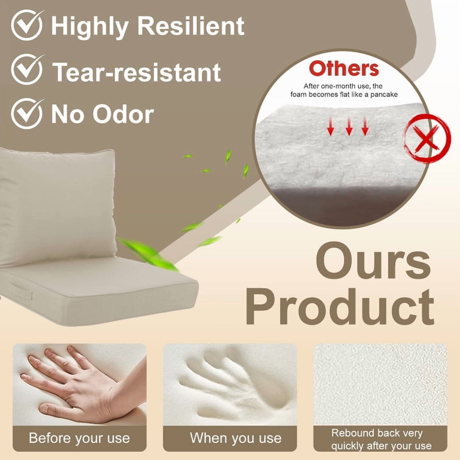Outdoor deep seat patio cushions set, 24in x 24in, Waterproof Outdoor chair cushions, Replacement patio furniture cushions with Ties（2pc Beige）