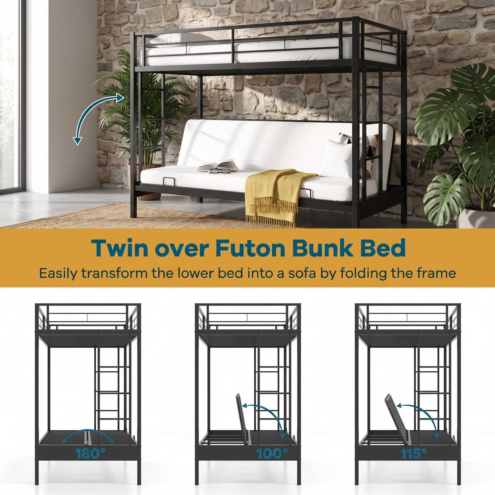 Furnibear Twin Over Futon Metal Bunk Bed with Convertible Sofa 2 Ladders and Guardrails for Guest Rooms and Dorms, Black