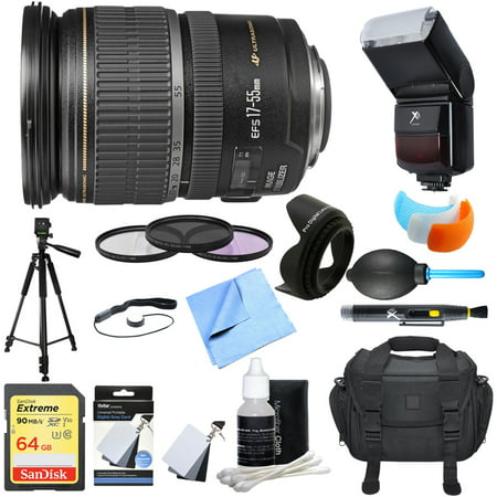Canon (1242B002) EF-S 17-55mm F/2.8 IS USM Wide Angle Zoom Lens Ultimate Accessory Bundle includes Lens, 64GB SD Memory Card, Tripod, 77mm Filter Kit, Lens Hood, Bag, Cleaning Kit, Blower & (Canon 15 85 Lens Best Price)
