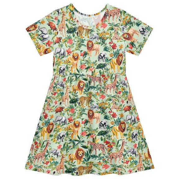 joogoo Cartoon Lions Animal Girls' Short Sleeve Dress Kids Dresses 5-6T