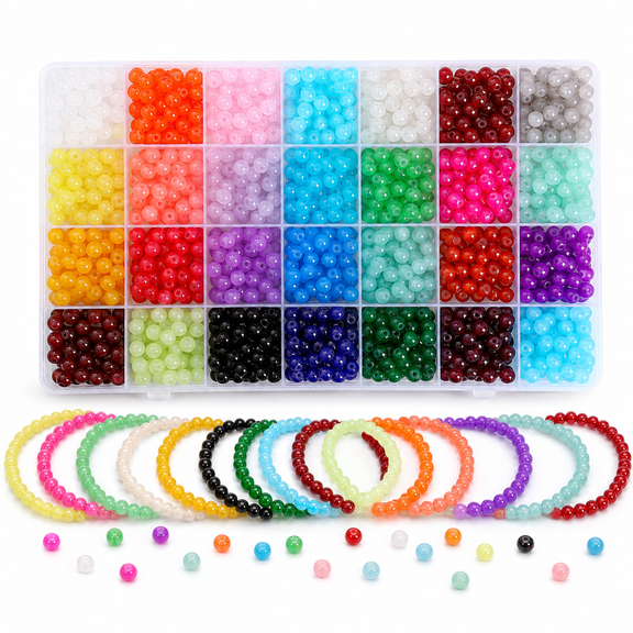 1400 Pcs 6mm Round Glass Beads for Bracelets Making Kit, 1 Boxe 28 Colors Crystal Beads for Jewelry Making and Handicrafts