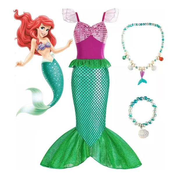 Vestido De Princesa Sirena Con Collares Y Pulseras, Vestidos De Princesa Sirenita Para Niñas Disfraz De Sirena Vestido De Fiesta De Cumpleaños