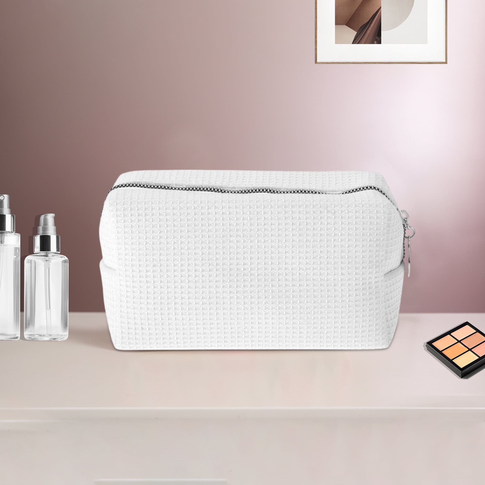 Unique Bargains 1 Pc Waffle Plaid Pattern Makeup Bag for Travel White