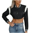 thumbnail image 2 of Juebong Womens Faux Leather Cropped Bomber Jackets Zip Up Color Block Moto Biker Short Jacket Casual Vintage Y2K Racing Coat Black,S, 2 of 7