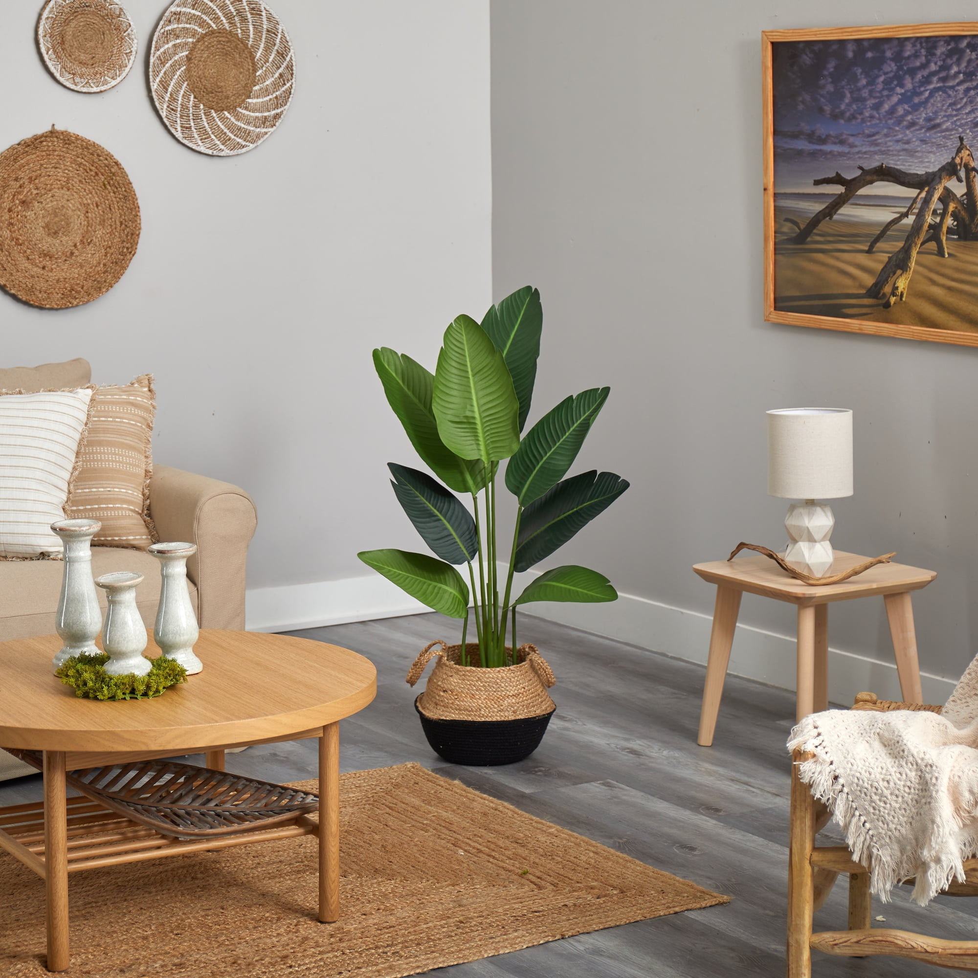 4' Artificial Travelers Palm Artificial Trees in Wood Cotton,Jute Planter , by Nearly Natural