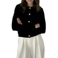 thumbnail image 3 of Womens Spring Fall Casual Cropped Cardigan Button Front Solid Color Striped Long Sleeve Tops Sweaters Black M, 3 of 9