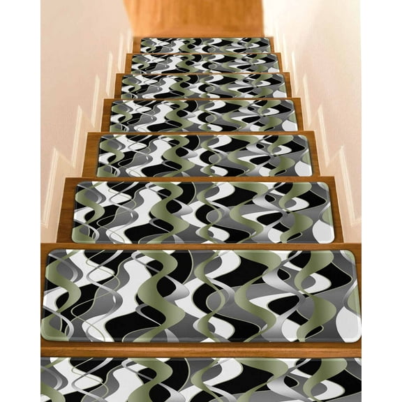Sage Green Stripe Stair Treads for Wooden Steps Indoor Runner Rug Carpet, Grey Moire Geometric Modern Abstract 15 Pieces Peel and Stick Staircase Step Treads Covers Washable Throw Door Mats, 30"x8"