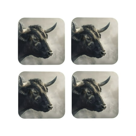 

Leather Coasters Set of 4 - Mystical Bull in Fog Lightweight Non-Slip Drink Coasters for Desk Anti-Scalding Desk Cup Coasters for Office Table Decor Square