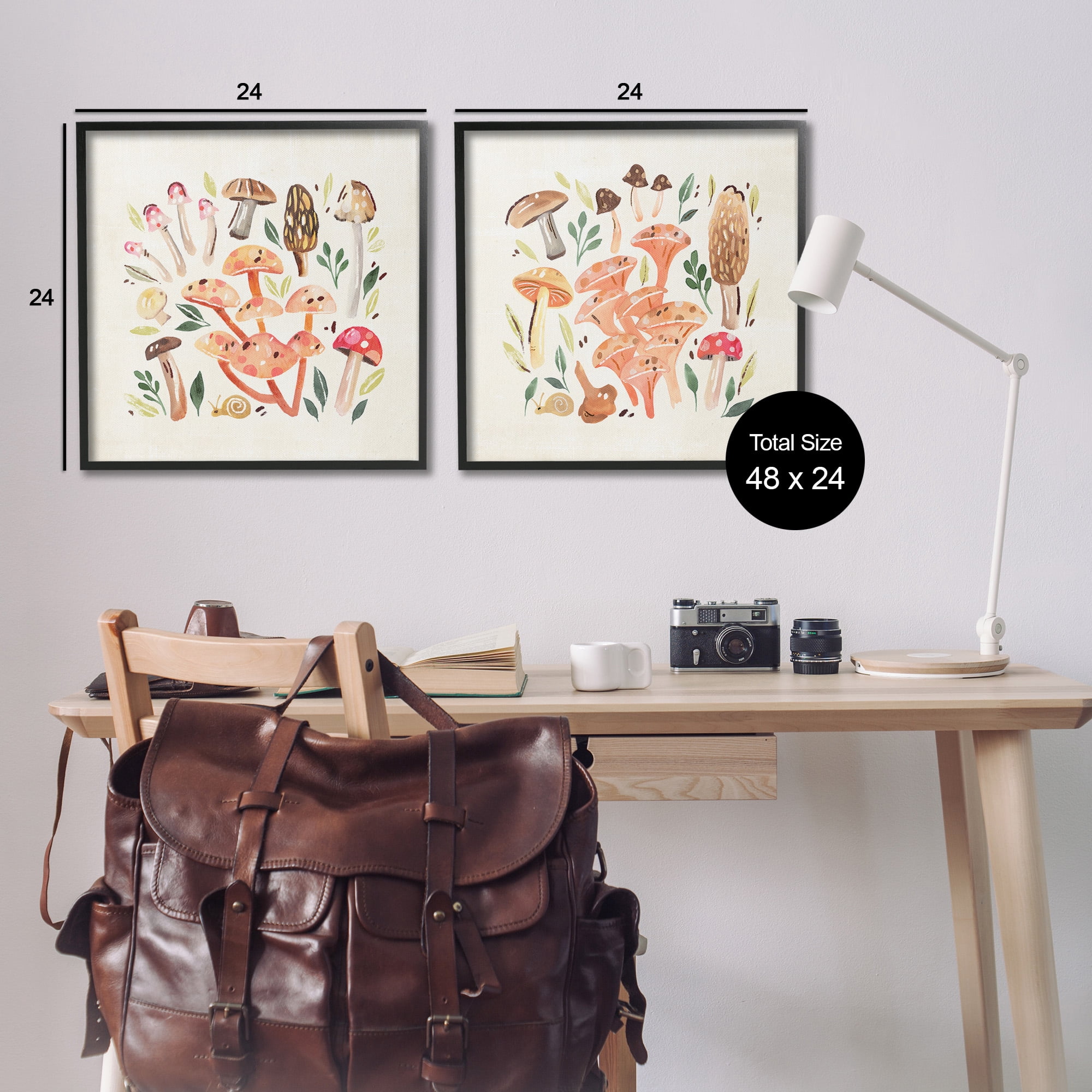 Stupell Industries Mushroom & Leaves Pattern Botanical & Floral Painting Black Framed Art Print Wall Art, 24 x 24, Set of 2