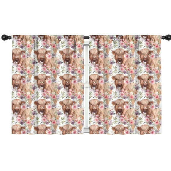 Blackout Kids Curtains,Flower and Highland Cow Childrens Insulated Curtains Set Of 2,Bedroom Essentials,Toddler Room Decor 42"x54"(106x137cm)