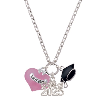 Delight Jewelry Baby Girl Pink Heart with Baby Feet - Silver-tone Class of 2025 Graduation Zoey Necklace, 28"