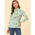thumbnail image 3 of Camisa de manga larga con cuello simulado Allegra K volantes y botones florales para mujer Verde S, 3 of 5