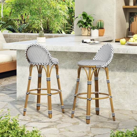Christopher Knight Home Outdoor Bar Stool Set of 2, Handwoven Wicker with Metal Frame, Black and White