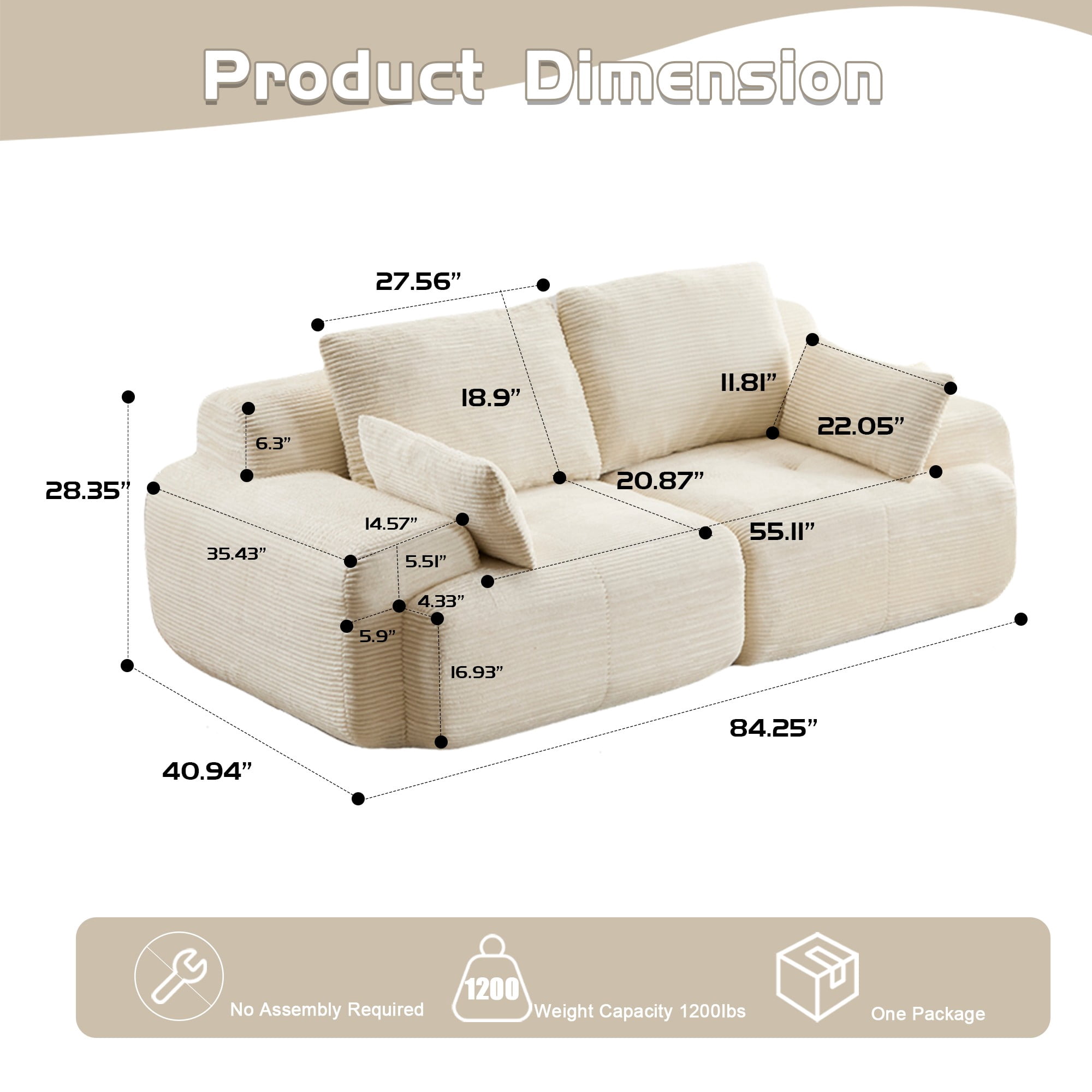 Leumius Modern Compressed Sofa,2 Seater Memory Foam Sofa Couch,Corduroy Extra Deep Loveseat Sofa for Living Room,Beige