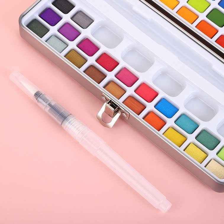 Portable Solid Watercolor Paint Set, 24-Color Artist Paint Kit with Water Brush Mixing Palette for Sketching Painting Home Studio Outdoor Art Projects