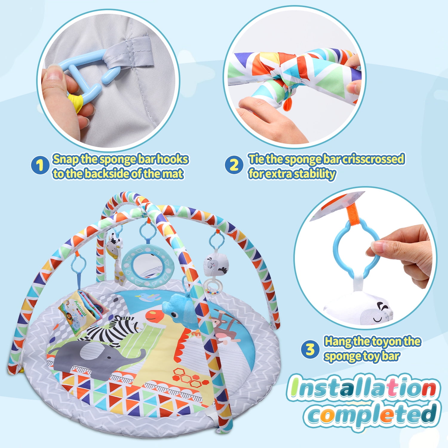 JoyStone Baby Gym Play Mat Activity Mat with 5 Detachable Toys, Round Tummy Time Play Mat for Newborns & Infants 0–12 Months