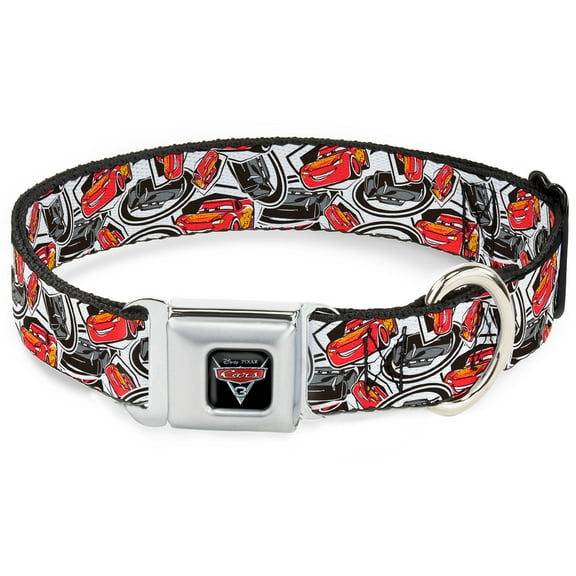 Disney Pet Collar, Dog Collar Metal Seatbelt Buckle, Cars 3 Lightning Mcqueen Storm Jackson Poses Scattered White, 13 to 17 Inches 1.5 Inch Wide