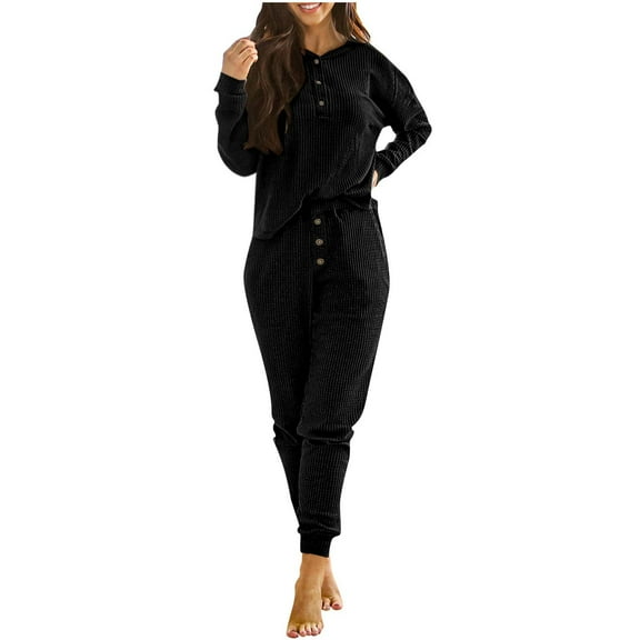 Elainilye Fashion Women Two Piece Outfits Fall Sweatsuit Casual Round-Neck Button Long Sleeve Top Elastic Waist Pants Sets,Black