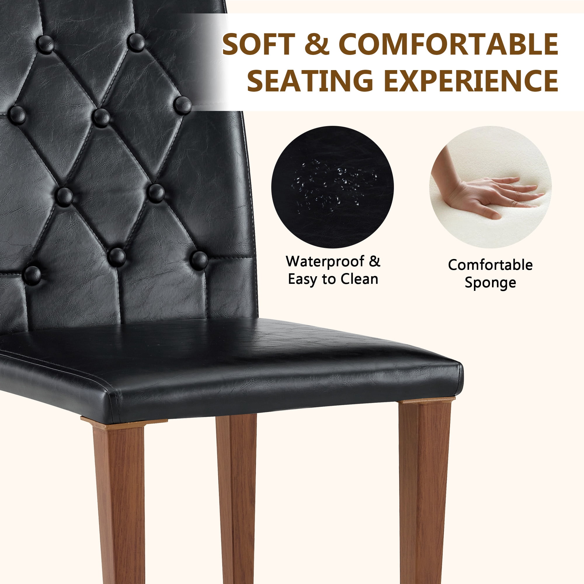 TesNus Dining Chairs Set of 2, 35" Height Black PU Leather Tufted Back Upholstered Chairs with Walnut Metal Legs for Dining Room Kitchen
