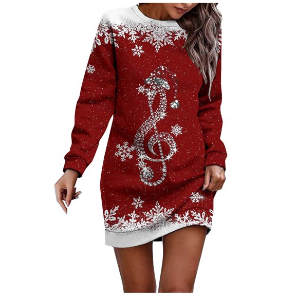 Women Christmas Outfit Women's Autumn Winter Holiday Print Round Neck Long Sleeve Everyday Comfortable Flowy Dress Red XL