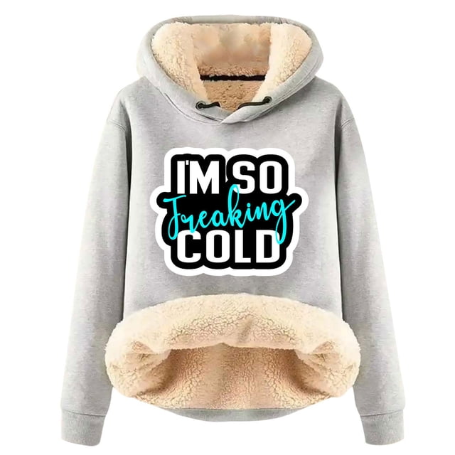 KIHOUT Spring Winter Womens Tops Winter Warm Plush Solid Color with Pocket Printed Long Sleeve Fleece Tops Hooded Sweatshirt