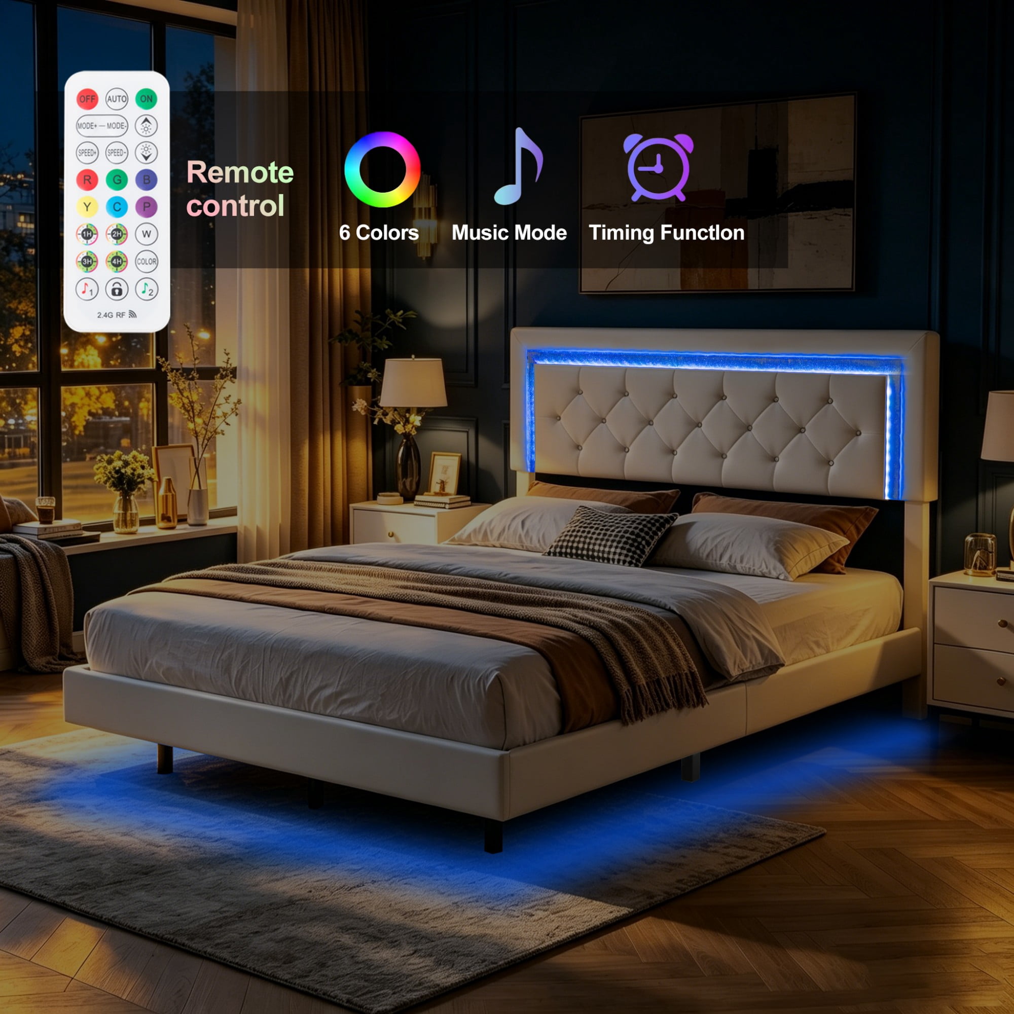 BSHTI Queen PU Platform Bed Frame with Upholstered Headboard, Colorful LED Lights, Wood Slat Support, No Box Spring Needed for Bedroom（White）