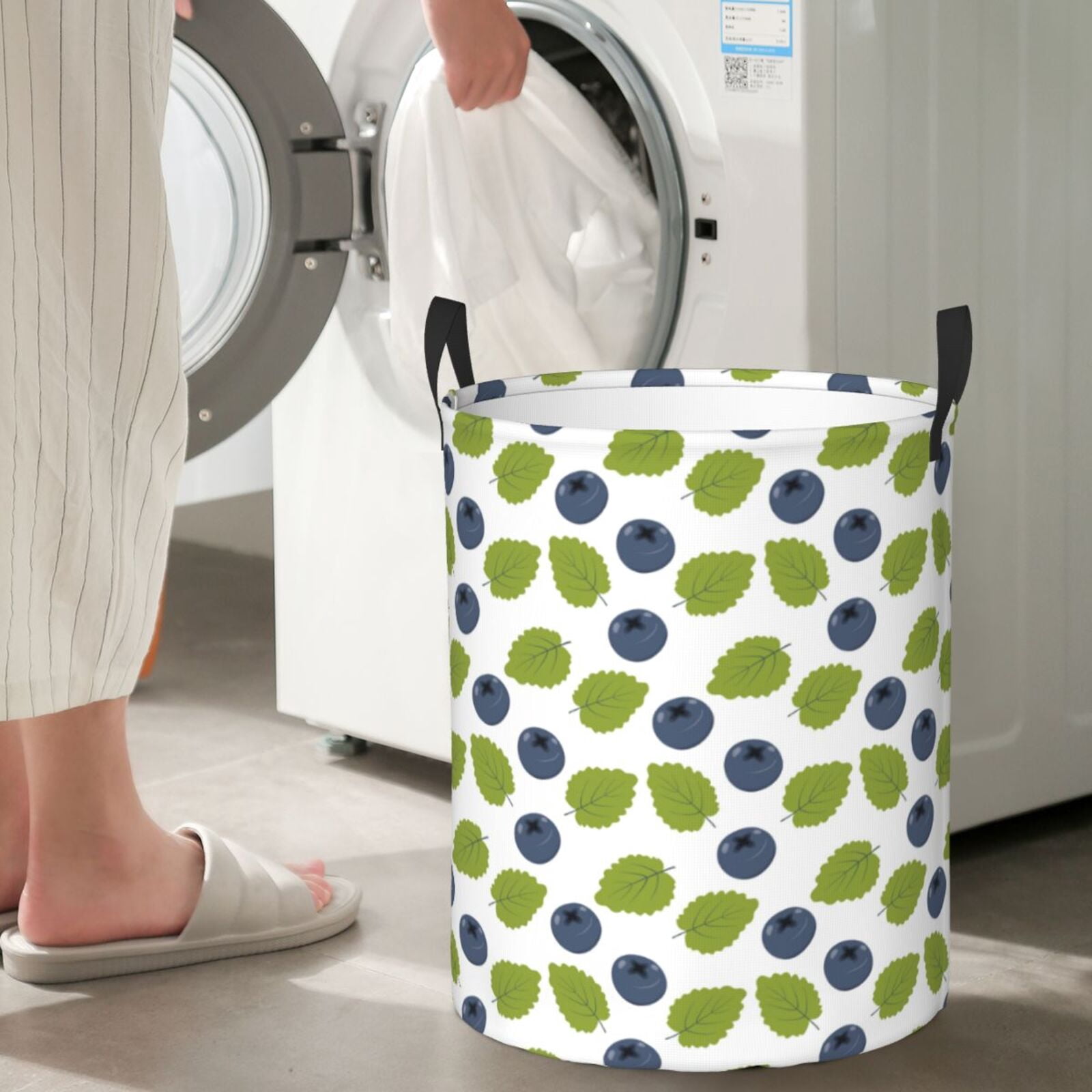 Large Laundry Basket with Handles - Cute Blueberry Light Green Leaves Kids Baby Dirty Clothes Laundry Hamper for Bedroom Aesthetic