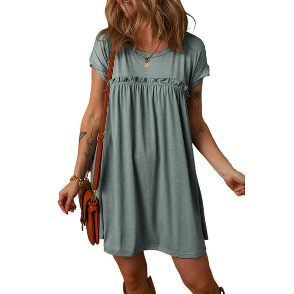 Women's Mist Green Frilled Gathered Seam Round Neck T-Shirt Dress with Pockets | [ZhiHiMeRi] | (US 12-14)L