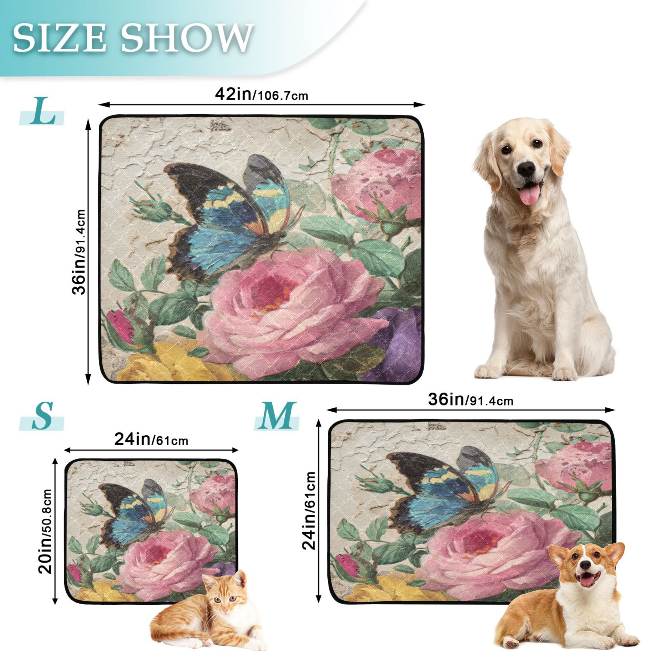 Qxltty Vintage Butterfly Cat litter Pads Pet Set of 3 Diaper Mats Center Anti-leakage Layer Absorbent Soft and Comfortable