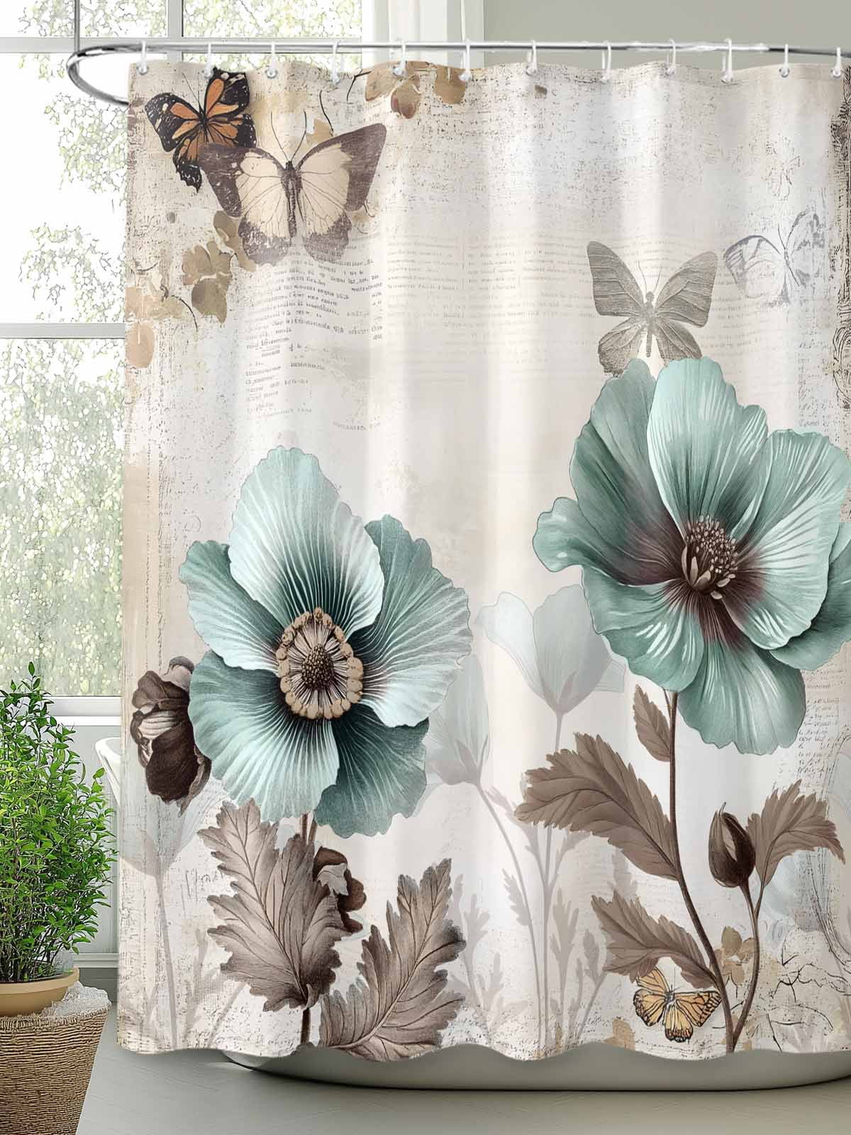Teal Brown Spring Floral Long Shower Curtain Set, Waterproof Shower Curtains for Bathroom, Vintage Flowers Elegant Botanical Washable Fabric Cloth Bath Curtain for Bathtub with Hooks 72x84 Inches