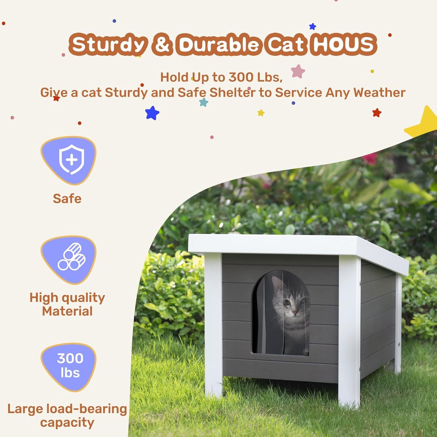 GONICHA 24 "Poly Lumber Outdoor Cat House, Weatherproof Cat Houses for Outdoor Cats, Feral Cat Shelter with Vent Plugs for Outdoor and Indoor - Gray