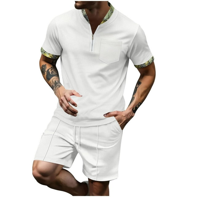 Npasoilc Ensembles pour Hommes Mode Décontractée Manches Courtes Col Rabattu Pantalon Ensemble Deux Pièces Taille Élastique