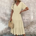thumbnail image 3 of ClodeEU Women's V Neck Short Sleeve Tiered Midi Dress,Casual Flowy A-Line Sundress Beige,Women's Plus L, 3 of 6