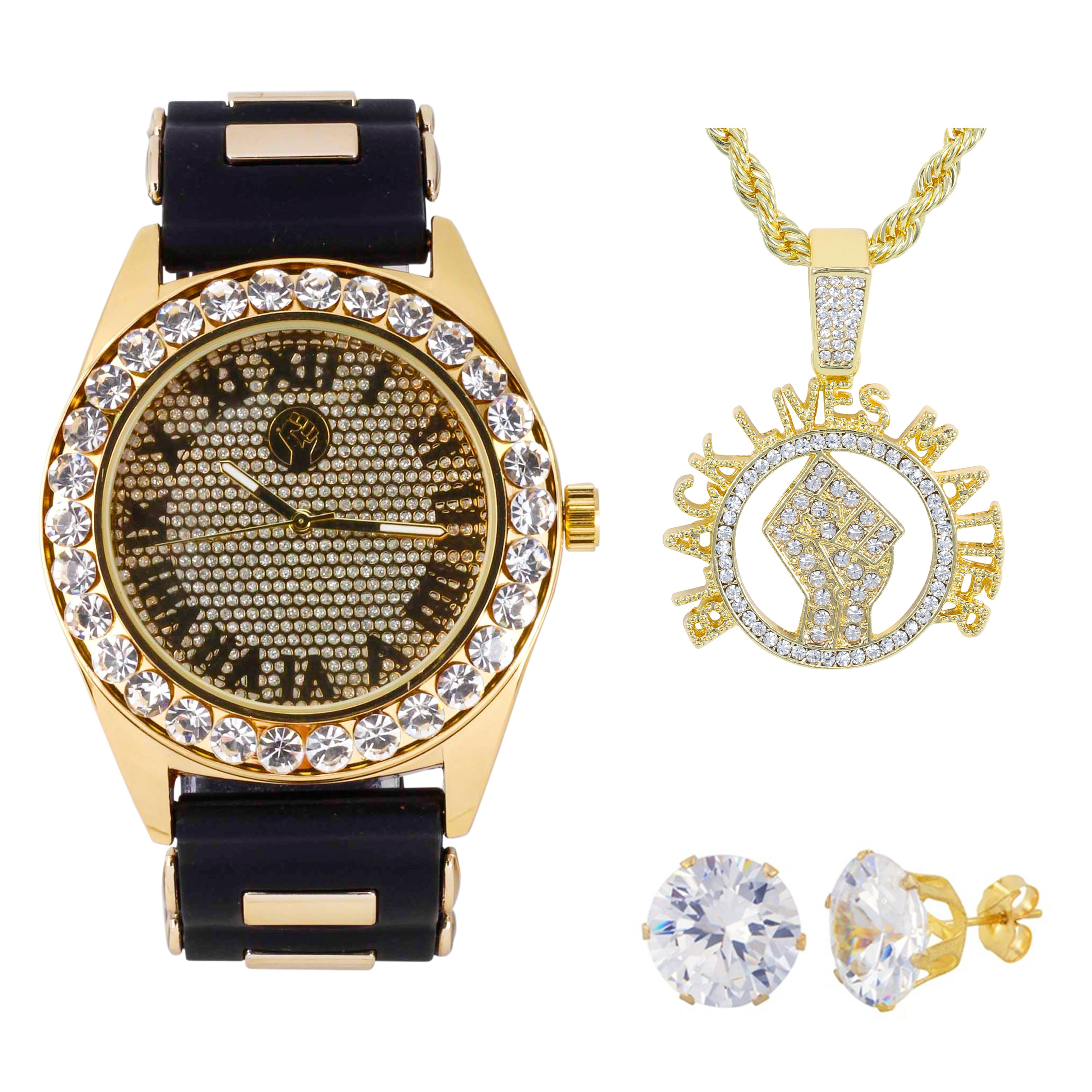 Men's Gold Finish ICY Roman Numerals Display Watch Set with Bling