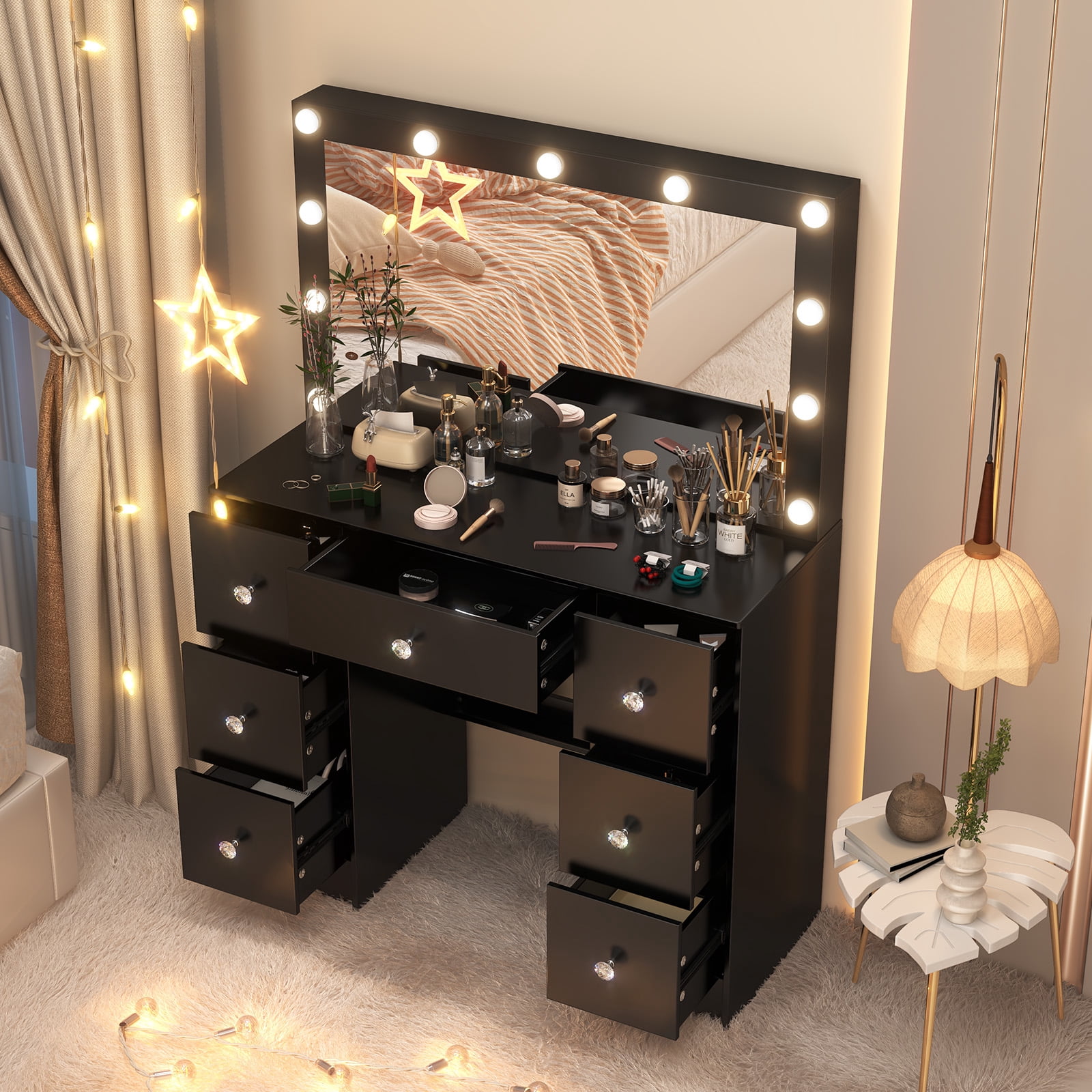 Yamissi Vanity with Mirror and Lights Makeup Vanity Desk with 7 Drawers & 11 LED Bulbs Dressing Table for Bedroom, Black