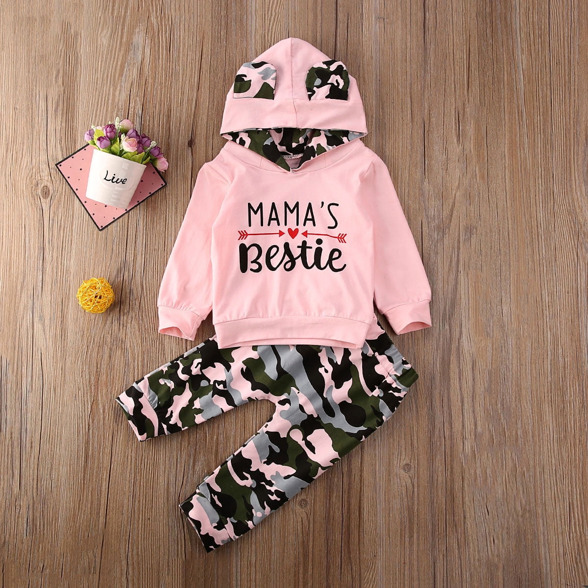 2-piece Toddler Girl Letter Print Ear Design Hoodie Sweatshirt and Camouflage Print Pants Set