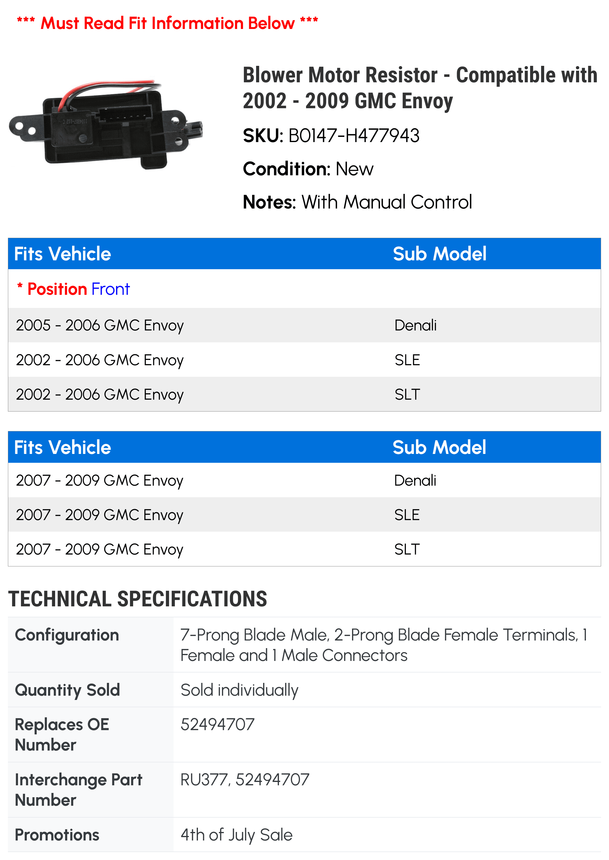 Blower Motor Resistor - Compatible with 2002 - 2009 GMC Envoy 2003 2004 2005 2006 2007 2008