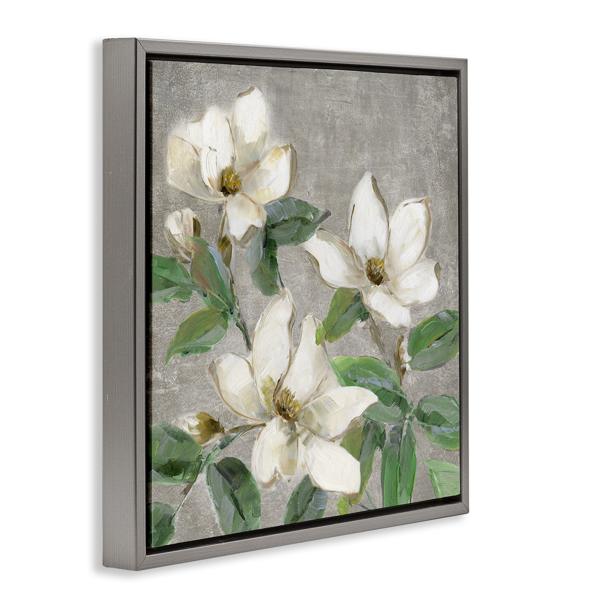 Stupell Industries Ivory Magnolias on Grey Gray Framed Floater Canvas Wall Art, design by Sally Swatland