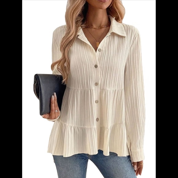 Blusa Peplum con Botones y Cuello de Larga para Mujer, Holgada y Texturizada. S