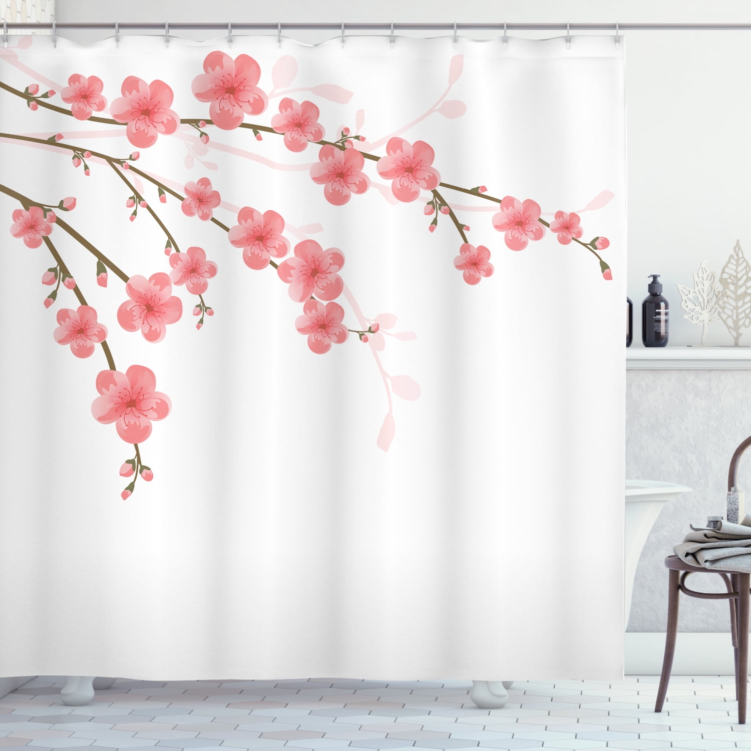 Cherry Blossoms Print Fabric Shower Curtains Bathroom Curtain Set Flower  Sets 