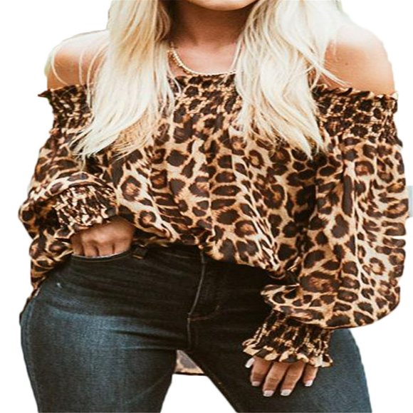 Women Leopard Print Long Sleeve Off Shoulder Casual Shirt