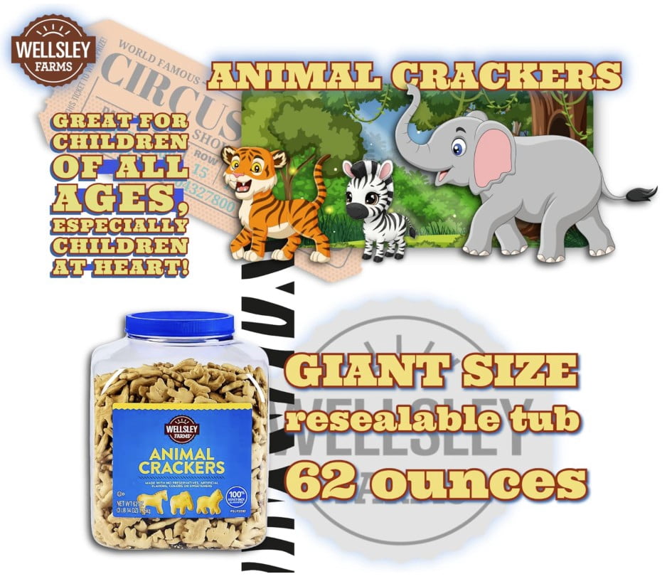 Wellsley Farms Animal Crackers. 62oz. Plastic Tub. (3lbs. 14oz)