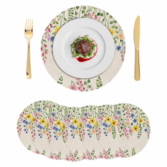 Spring Flowers Blossom Round 15 Inch Placemats Set of 6, Pastoral Farmhouse Botanical Rustic HeatResistant Non Slip Place Mats for Dining Table, Wipeable Braided Kitchen Table Mats for Housewarming