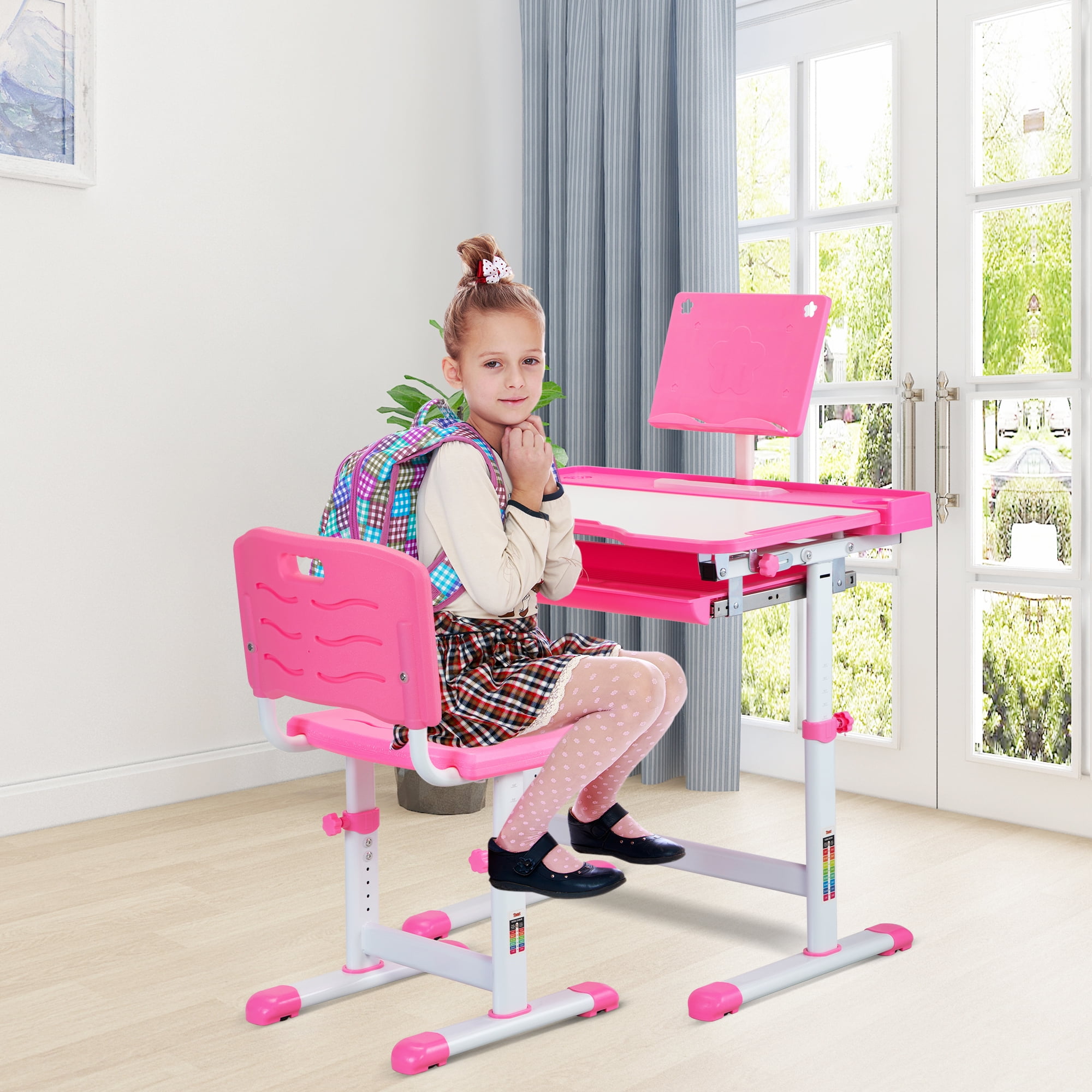 Pink Kids Desk with Eye Protection Light School Desks for Kids Kids Table and Chair Sets Adjustable Height Develop a Good Sitting Posture Effective Eye Protection 