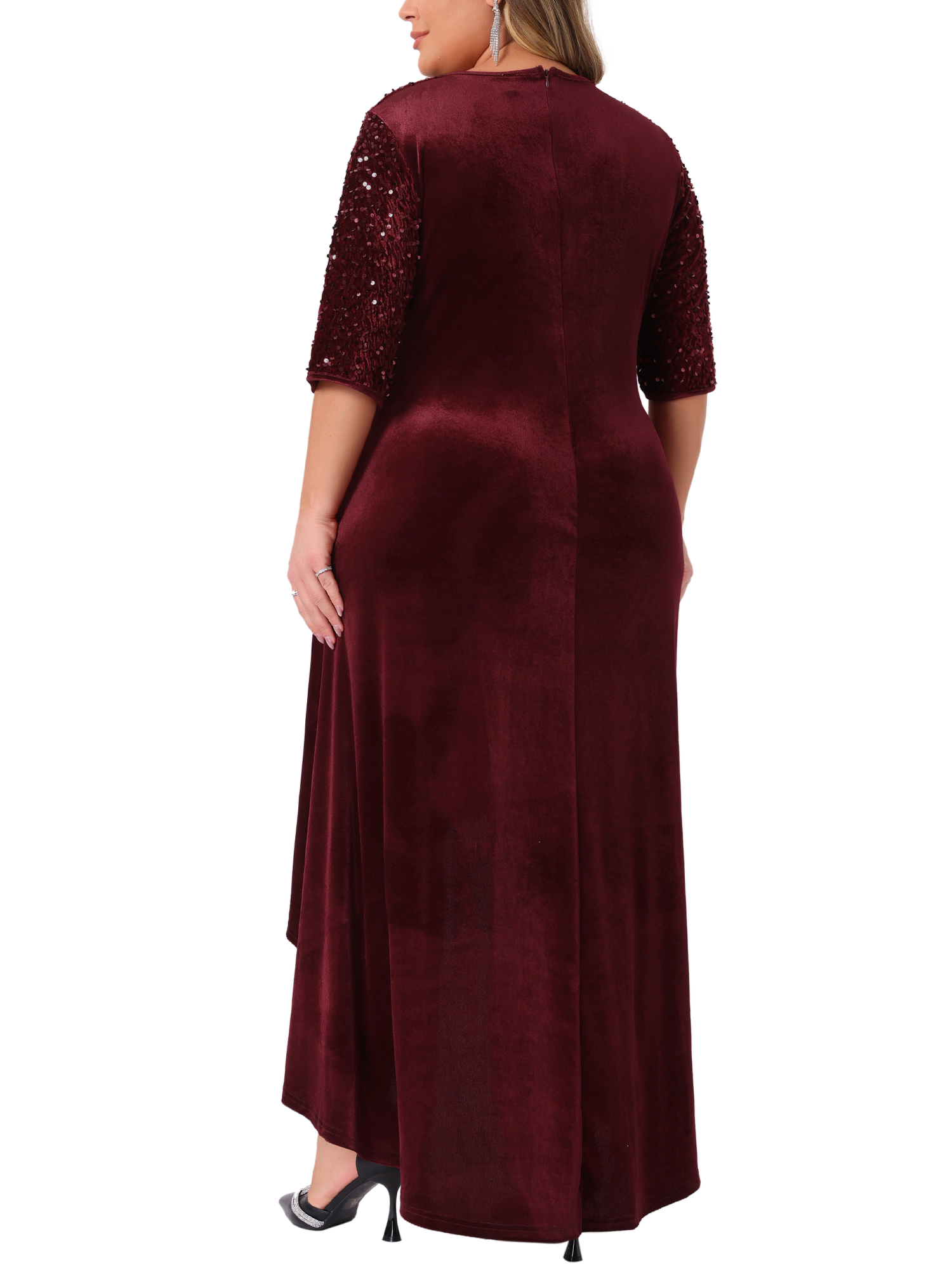 DARING DIVA Plus Size Velvet V Neck Sequin Sleeve High Low Hem Dress 1X Burgundy