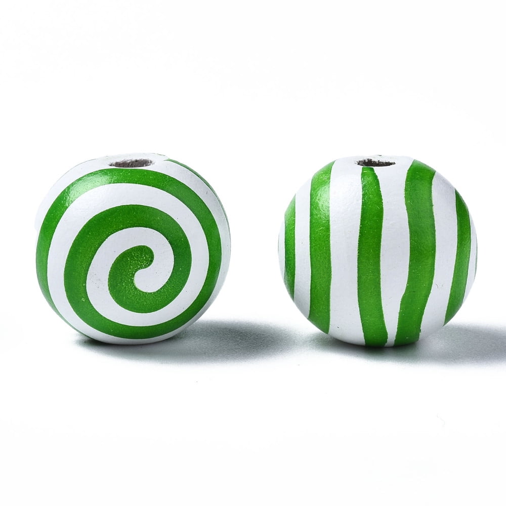 500pcs Painted Wood European Beads Large Hole Beads Printed Round with Stripe Green 16x15mm Hole: 4mm